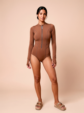 Load image into Gallery viewer, Model Front: Long Sleeve Swimsuit Macae Brown UPF50+