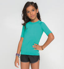 Load image into Gallery viewer, Model Front: Uv Line Rash Guard Kids Fpu50+ Uvpro Short Sleeve T-Shirt Mint Green Uv
