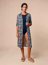 Load image into Gallery viewer, Model Front: Midi Beach Shirt — Blue Tie-Dye, UPF50+
