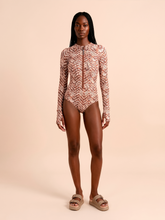 Load image into Gallery viewer, Model Front: Long Sleeve Swimsuit Macae Tie Dye Pitanga UPF50+
