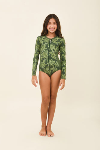 Model Front: Uv Line Girl's One-Piece Girl Macae Folhagem Verde Upf50+